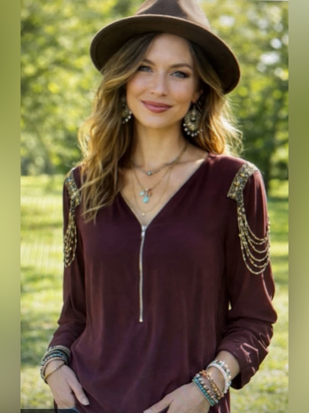 Womens Burgundy BKE Boutique Zip-Front Cold-Shoulder Top with Beaded Chains